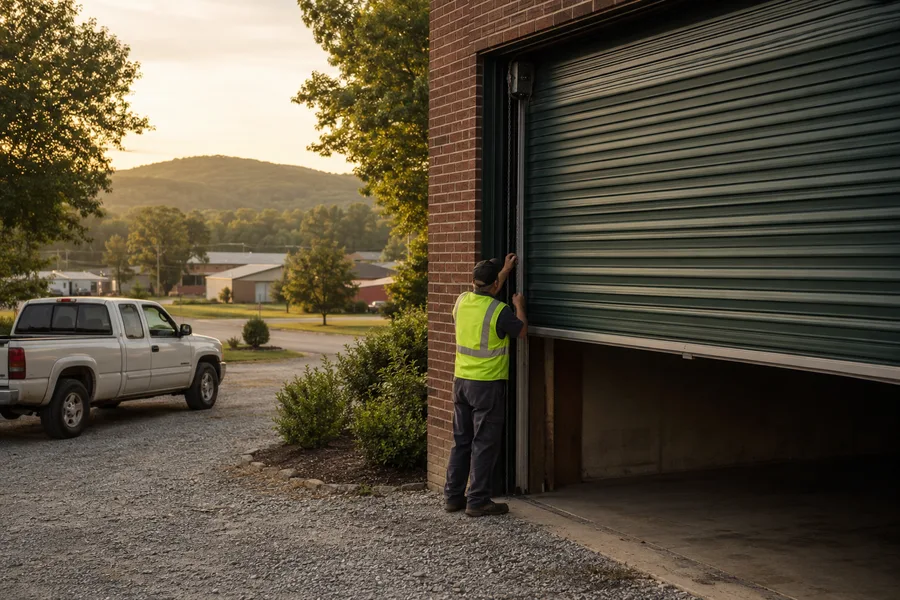 Technician inspecting a green roll-up door on a commercial building near Cookeville