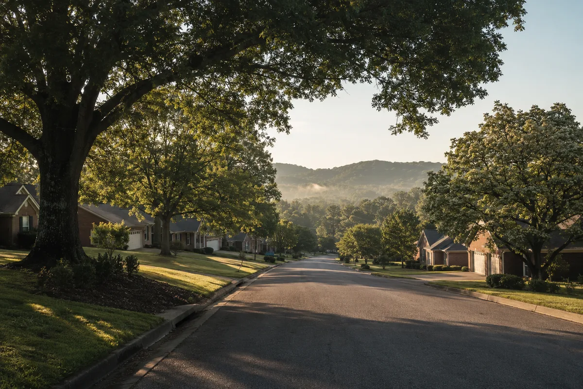 Quiet residential street in Cookeville, Tennessee with brick homes and attached garages