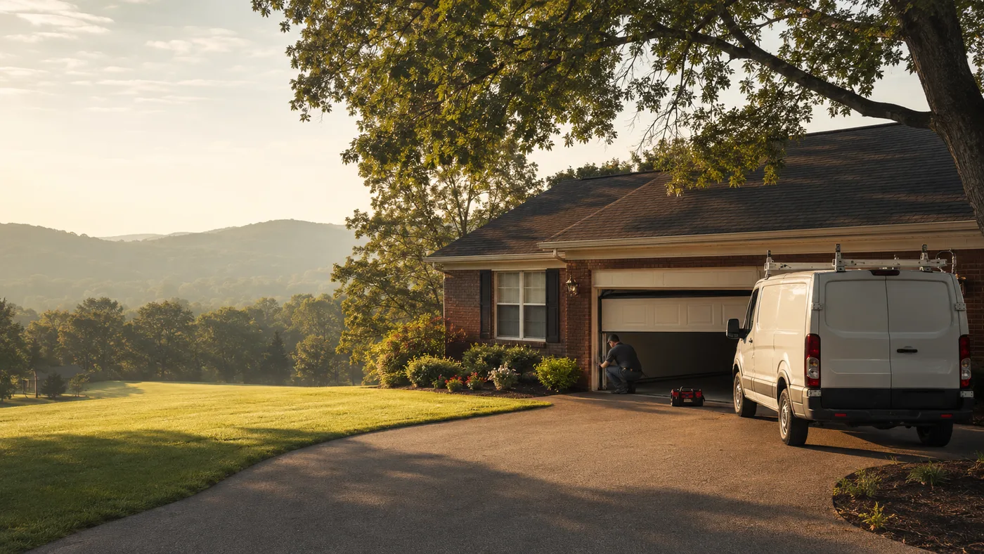 Garage door technician working at a brick home in Cookeville, Tennessee, with Upper Cumberland hills behind