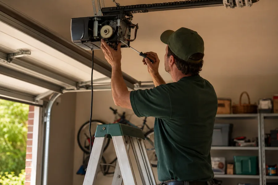 Technician repairing the drive gear of a ceiling-mounted garage door opener