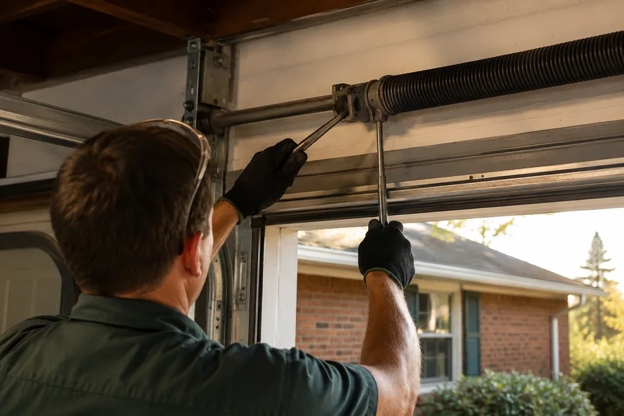 Technician fitting winding bars to a garage door torsion spring in a Cookeville garage